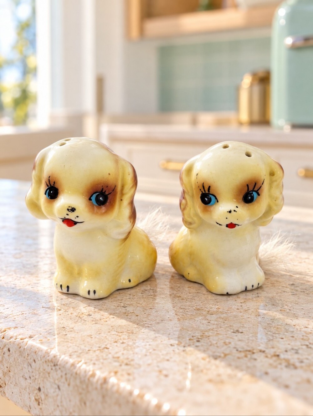 Vintage Japan Cocker Spaniel Dog Salt Pepper Shakers Fur Tails Kitsch